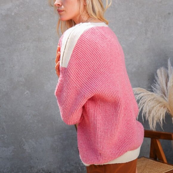 LUMIERE Ribbed Sweater, White Trim, Cozy Knit Pullover - Picture 2 of 6